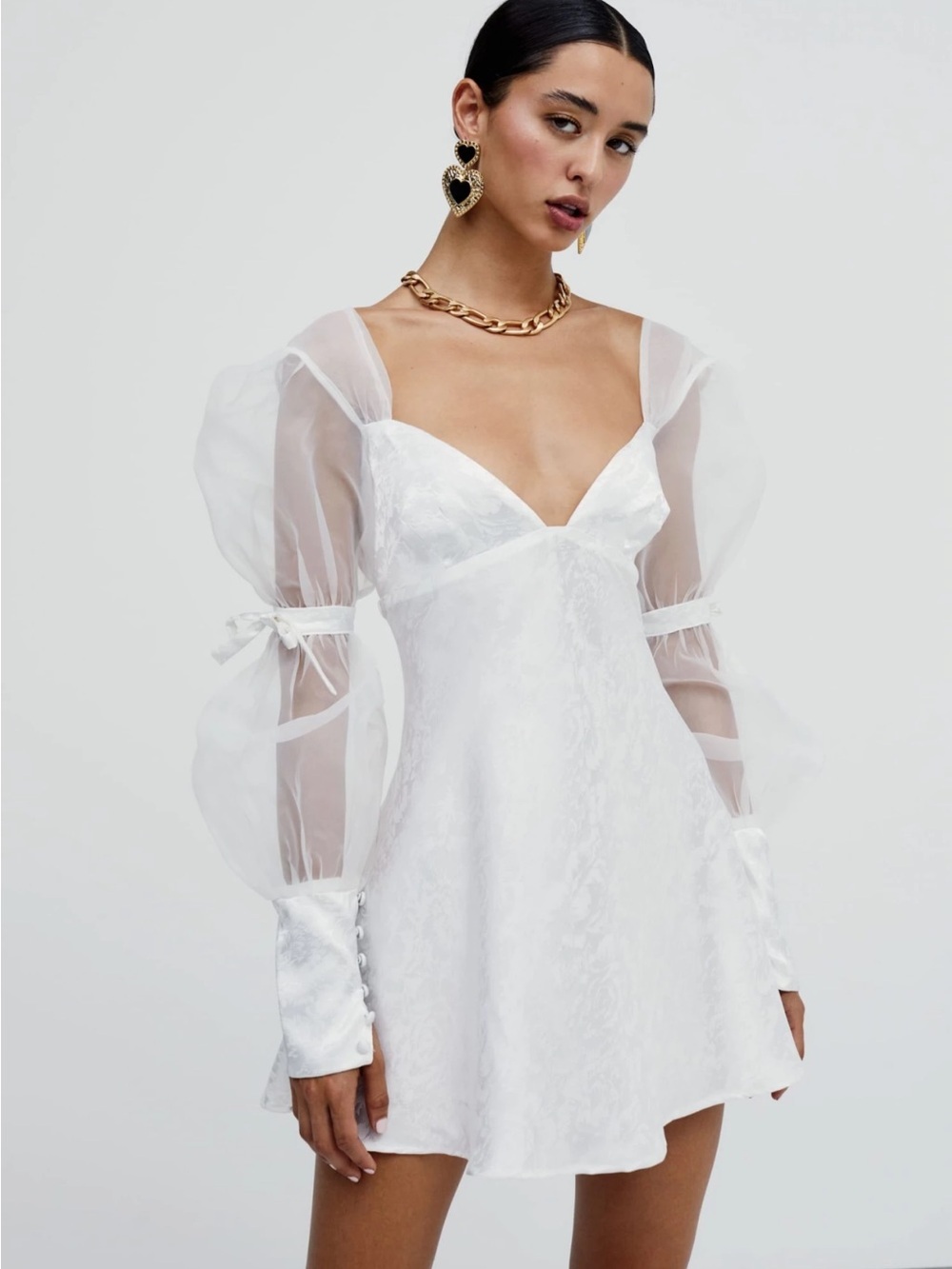 For Love & Lemons Gabrielle Puff Sleeve Mini Dress White SZ S